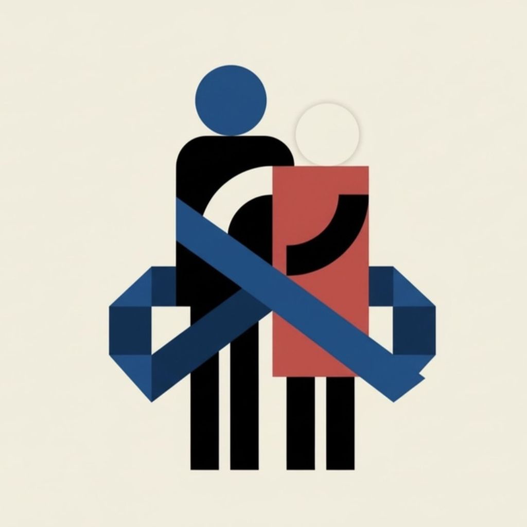 Stilisierte Darstellung von Mann und Frau, verbunden durch ein blaues Band