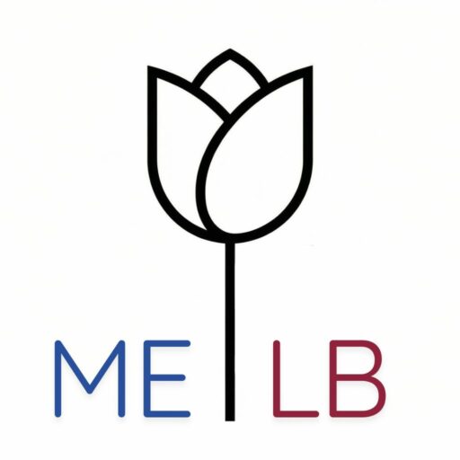 Logo der Selbsthilfegruppe: schwarze stilisierte Tulpe mit ME in Blau und LB in Rot