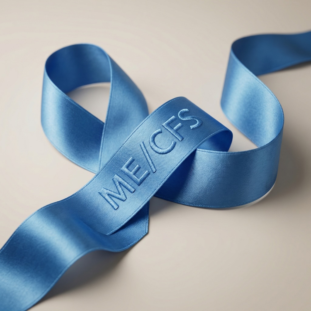 Blaues Seidenband mit der Aufschrift ME/CFS