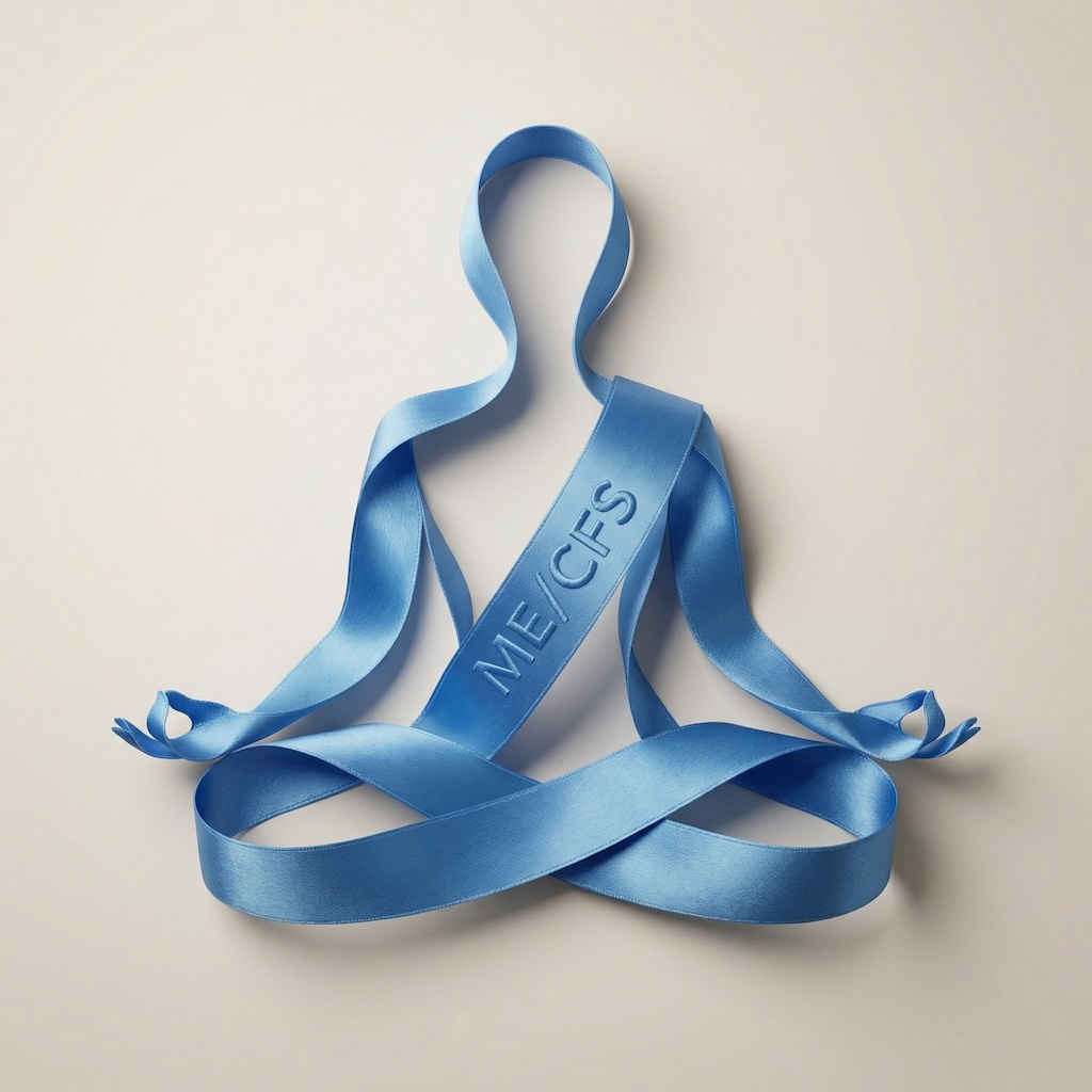 Blaues Band in Form einer meditierenden Figur im Lotussitz mit der Aufschrift ME/CFS