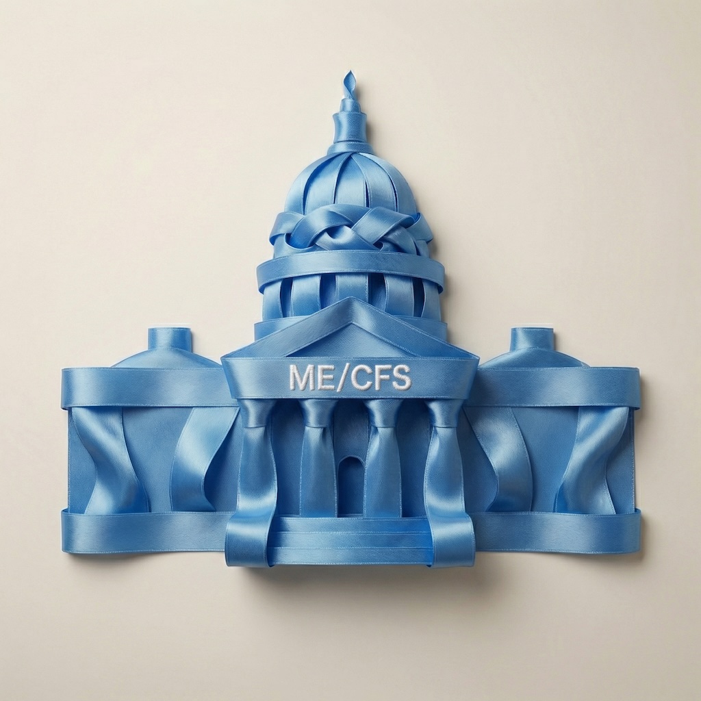 Blaues Band in Form eines Kapitols mit der Aufschrift ME/CFS